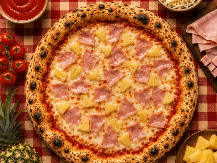 Pizza Exotic, con tomate, mozzarella, piña y jamón dulce