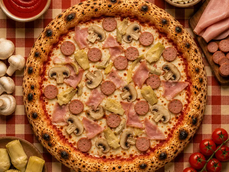 Pizza Caprichosa, con champiñones, alcachofa, jamón dulce y rodajas de salchicha