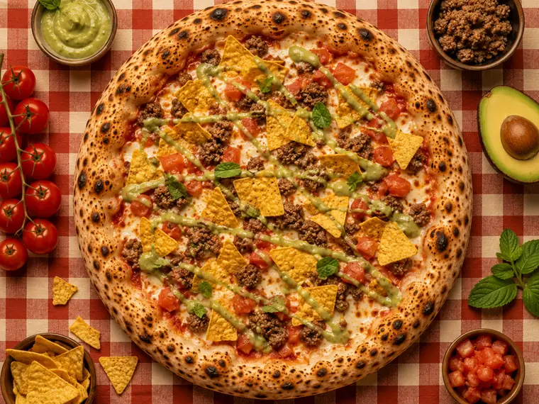 Pizza Mexicana, con carne picada, nachos, tomate y salsa de aguacate
